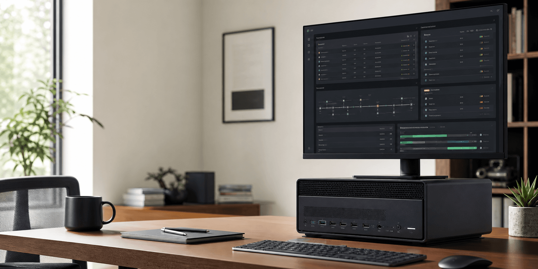 A compact AI workstation appliance running an operational dashboard in a modern workspace